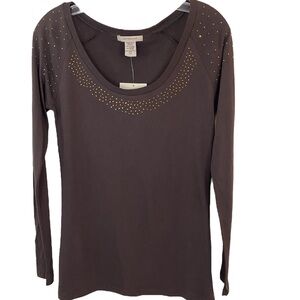 Covington Sequin Tee Women Size Small Brown Long Sleeve Top Gold Sequin New HSH